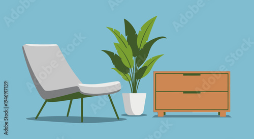 Minimalist Interior Design of a Modern Living Room or Office with Chair, Plant, and Wooden Cabinet on a Blue Background, Simple and Cozy Home Decor