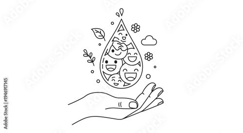 Hand Gently Holding a Large Water Droplet with Happy Cartoon Faces on Isolated White Background, Water Conservation Concept, Caring for the Environment