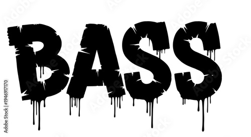 Bold Graffiti Style Text 'BASS' with Dripping Paint Effect on Isolated White Background, Urban Street Art Word Bass, Music or Sound Concept