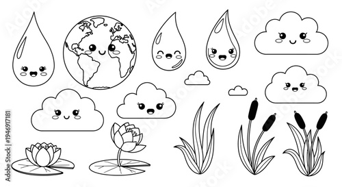 Collection of Cute Cartoon Nature Icons with Faces Including Clouds, Water Droplets, and Earth on Isolated White Background, Happy Environmental Elements