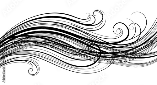 Abstract Swirling Black Lines Decorative Pattern, Isolated White Background.