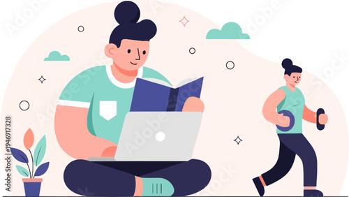 Two people engaged in separate activities learning and exercising in a modern flat illustration