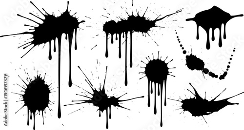 Black paint splatters and drips creating abstract shapes on a white background