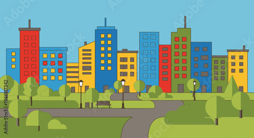 City Park with Colorful Buildings and Trees, Urban Public Space.