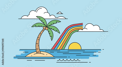 Tropical Island Paradise with Palm Tree Sun and Rainbow, Ocean Horizon.