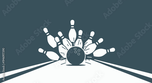 Bowling Ball Striking Pins on Alley Lane, Dynamic Game Illustration.