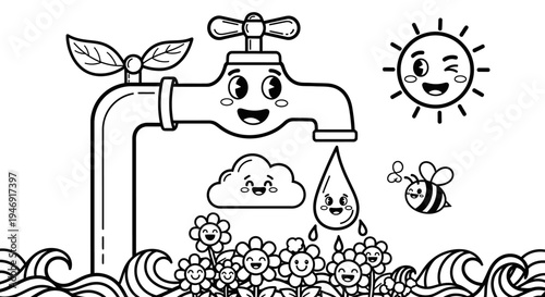 Cartoon Faucet Water Drop with Sun Bee Flowers, Water Conservation Concept.