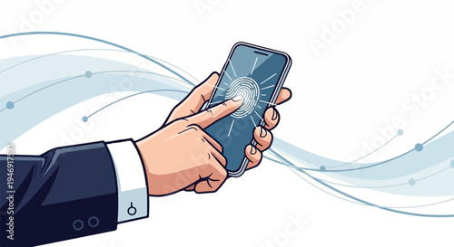 A finger touches a smartphone screen showing a fingerprint scan, with abstract blue waves