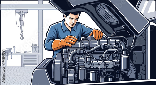 Mechanic inspecting complex engine machinery in workshop