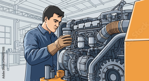 Mechanic inspecting engine components in workshop