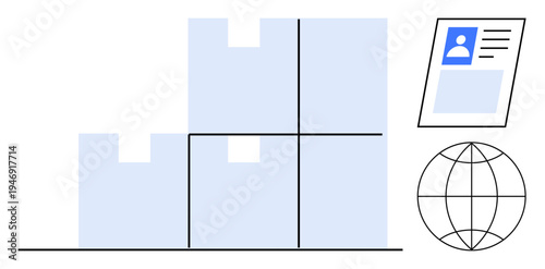 Inventory management. Boxes stacked for storage, global connectivity by a globe, and an ID card element. Inventory systems optimize supply chain flow, logistics, and global operations. For ecommerce