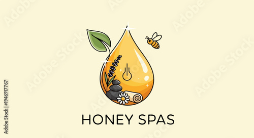 A golden honey drop holds spa elements with a bee nearby