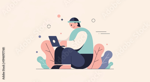 Person wearing a cap working on a laptop surrounded by stylized plants