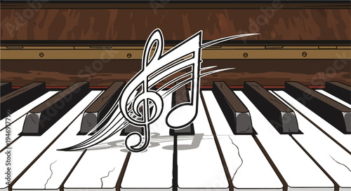 Stylized musical notes hover above vintage piano keys with a rich wooden background