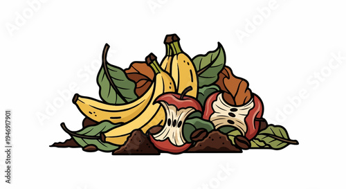 A pile of bananas, apple cores, leaves, coffee beans and soil