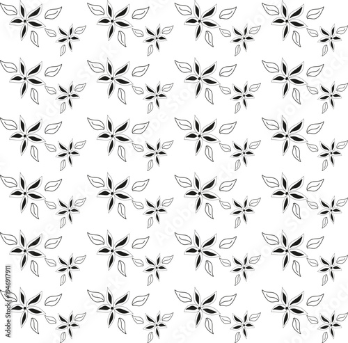 
Black and white seamless floral pattern of flowers and leaves in pencil hand drawn style on white background