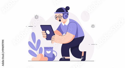 Person wearing headphones uses a tablet and looks surprised