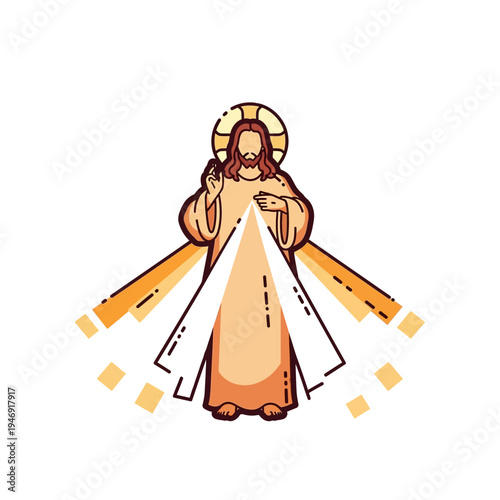 Stylized illustration of Jesus Christ with glowing rays of divine light emanating from his body and halo, depicting divine mercy.