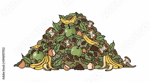 A pile of composted food scraps, including apples, bananas, coffee grounds, and eggshells