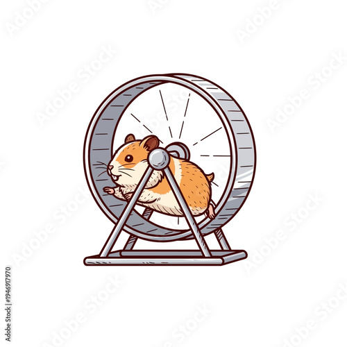 Cute cartoon illustration of a small, brown and white hamster running in a metal exercise wheel.