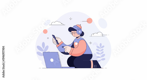 Person with headphones uses laptop and phone amidst stylized clouds and plants
