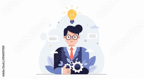 A person in a suit has a lightbulb above their head and holds gears