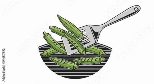 Fresh green okra pods are scooped by a metal spatula off a grill