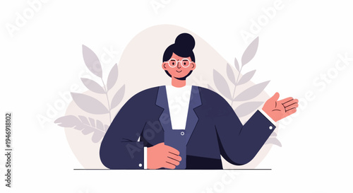 A woman in a suit with glasses and a bun gestures outwards