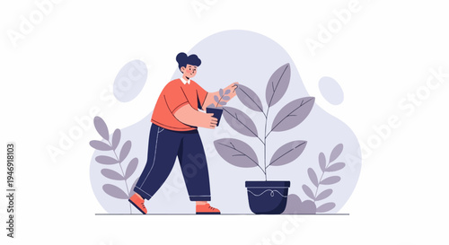 Person tending a potted plant with large leaves