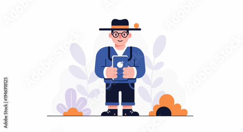 Stylized person in hat, glasses, blue shirt, shorts holding book with icon