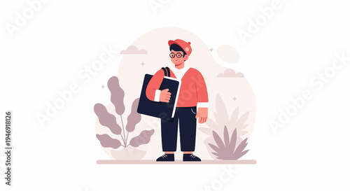 A young student in casual wear holds a large book and wears glasses