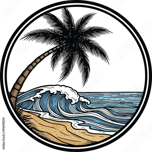 Tropical Paradise Beach Scene with Crashing Ocean Wave and Palm Tree in Artistic Circle Emblem