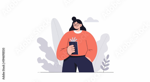 A person with glasses and a bun hairstyle holds a book while standing among stylized plants