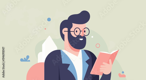A man with glasses and beard reads a book