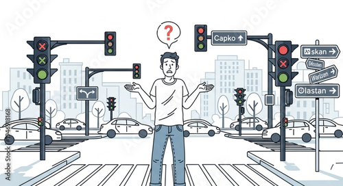 Man confused at city crosswalk.