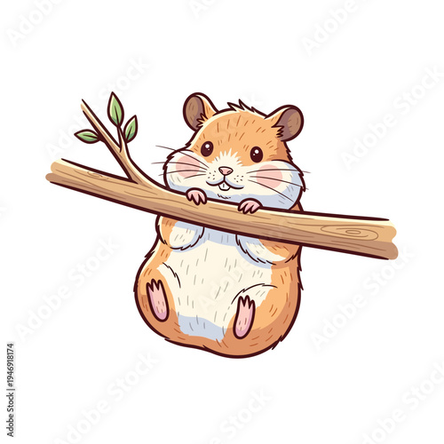 A cute cartoon hamster with orange and white fur is happily hanging from a brown tree branch with green leaves, smiling sweetly.