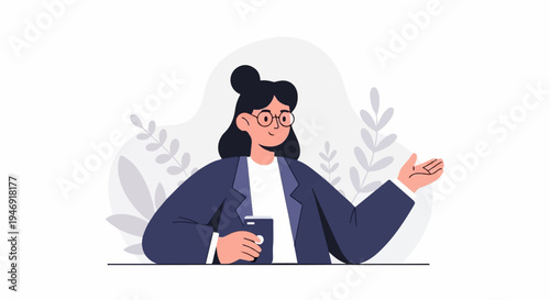 Animated woman in a suit, holding a phone, with abstract plants in the background