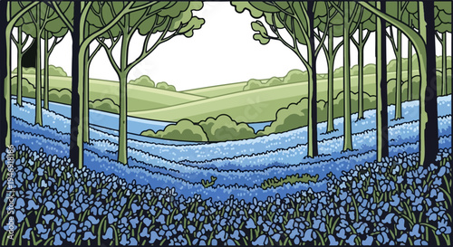 A dense carpet of bluebells blankets a forest floor, with a stream flowing between rolling green hills
