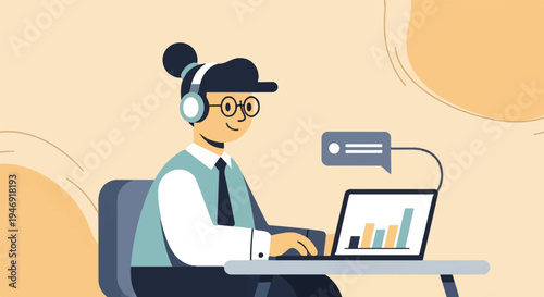 A person wearing headphones and glasses works on a laptop, with a chat bubble