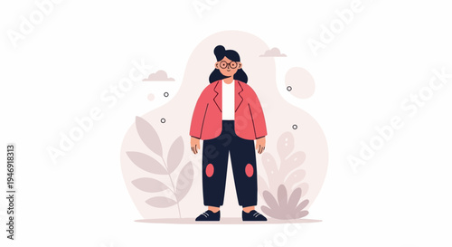 A woman in a red jacket and dark pants stands against a pale background with abstract leaf shapes