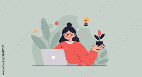 A woman with glasses and a bun on her head is working on a laptop. She holds a potted plant