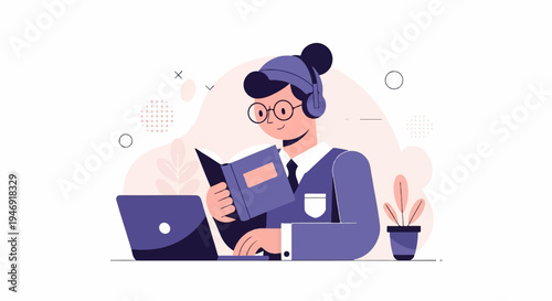 Person wearing headphones reads a book at a laptop with a plant nearby