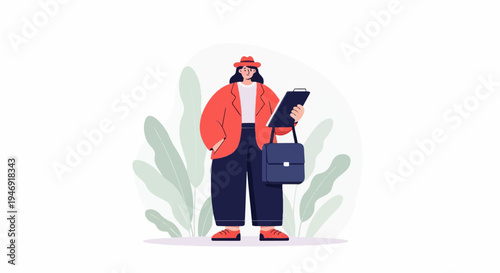 Stylized person with clipboard and satchel, surrounded by minimalist foliage
