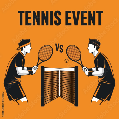 Dynamic Tennis Tournament Illustration Showcasing Competitive Match Against Vivid Orange Background