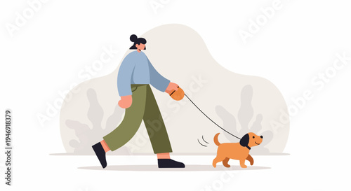 Person walking a happy dog on a leash outdoors with abstract shapes
