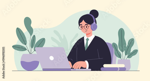 Minimalist illustration of a person in headphones working on a laptop, surrounded by plants