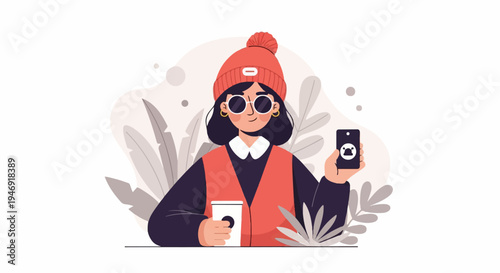Stylish character holding a coffee cup and phone, surrounded by stylized leaves and bubbles
