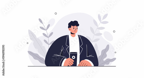 Stylized man in dark jacket holding phone with floral background