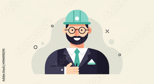 Stylized illustration of a smiling man in a suit and hard hat