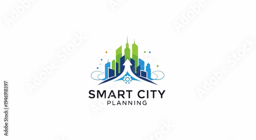 Abstract futuristic cityscape graphic with upward arrow and gear symbol